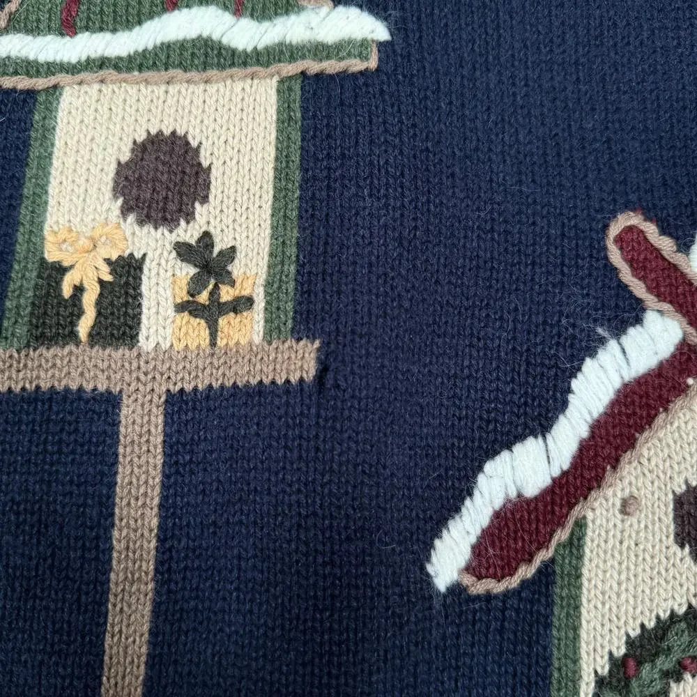Holiday Moose Cardigan Sweater With Birdhouses And Lights Embroidery Womens L